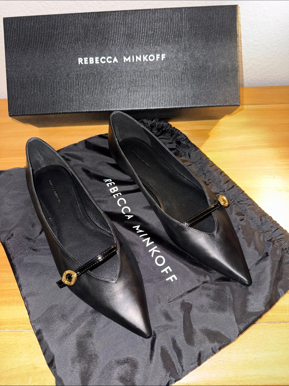 Rebecca Minkoff Black Pointed Mary Jane Flats with Gold Buckle